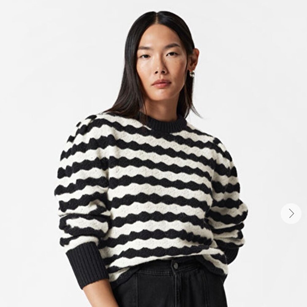 & Other Stories Scalloped Crochet Striped Merino Sweater, Sz Small, NWT